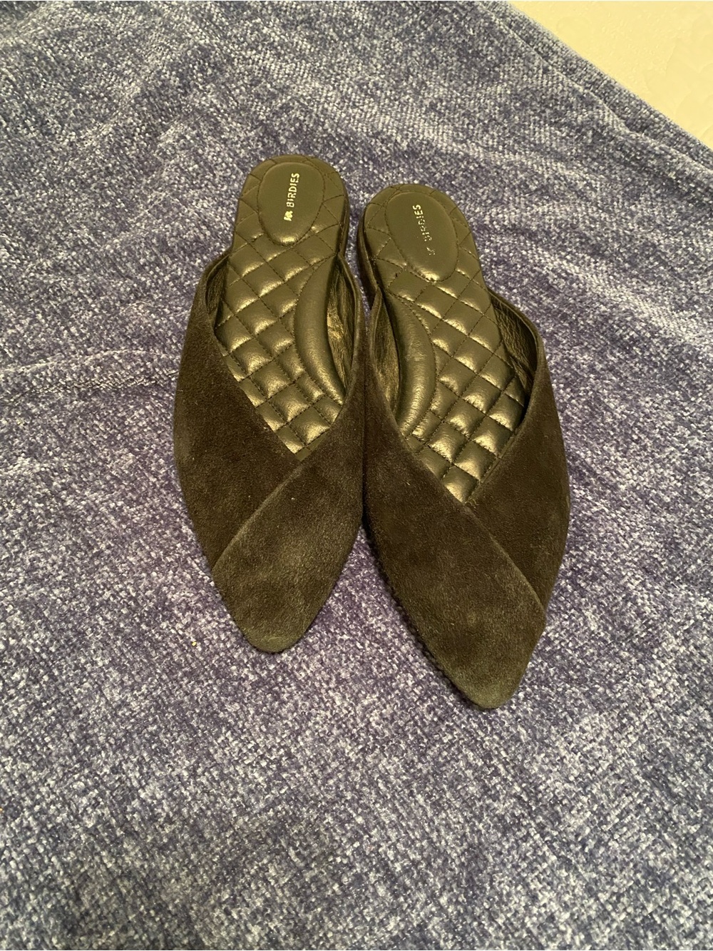 Birdies Black Pointed Suede Slip-On Mules,chic diamond quilted texture shoes, 9